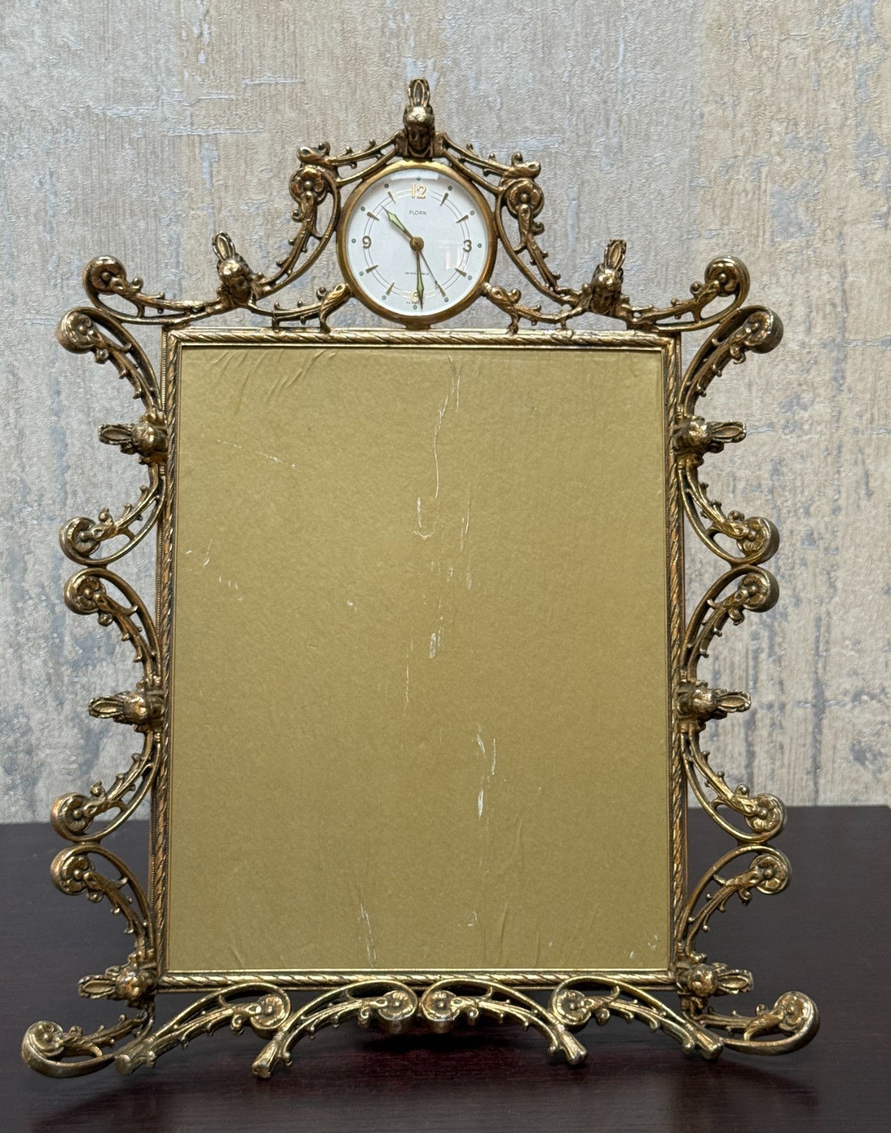 German Florn 7 Jewel Alarm Clock Photo Frame Jugendstil Gilt Metal U.S. Zone 15\