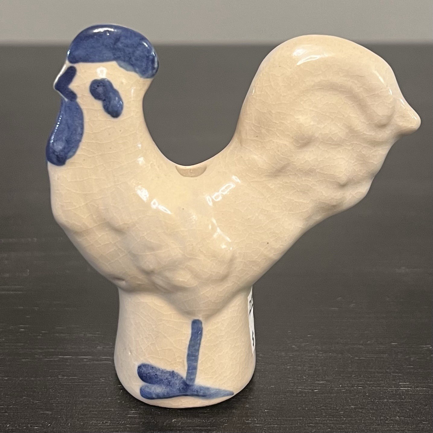 VTG Cobalt Blue Cream Rooster Pie Bird Vent Funnel Heavy Pottery Folk Art 3.5”