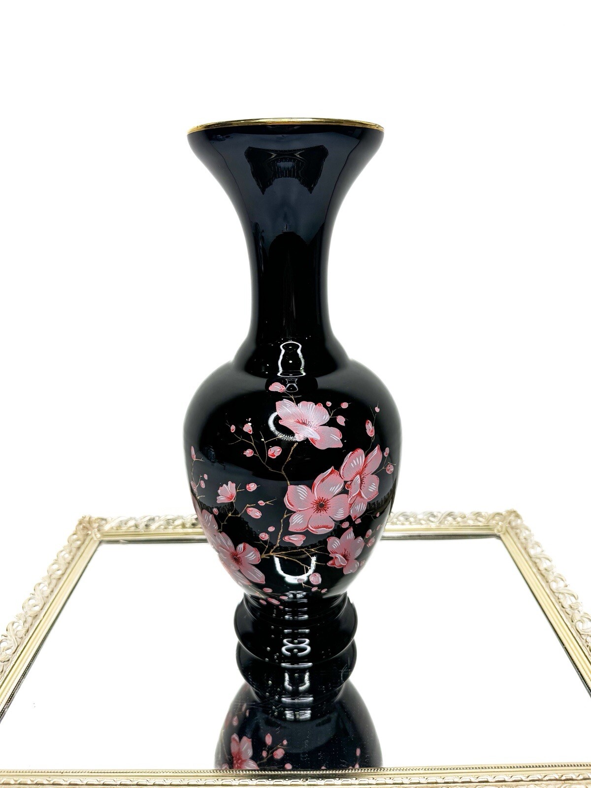 Opalina Florentina - large black glass vase decorated with flowers - Italy, 1970