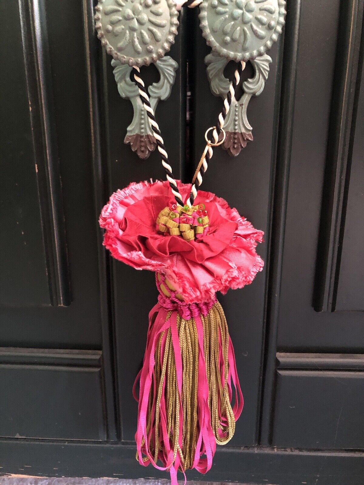 Mackenzie Childs Flower Blossom  Tassel •RARE• Pink&Sage 13” W/Hanger 7” Body
