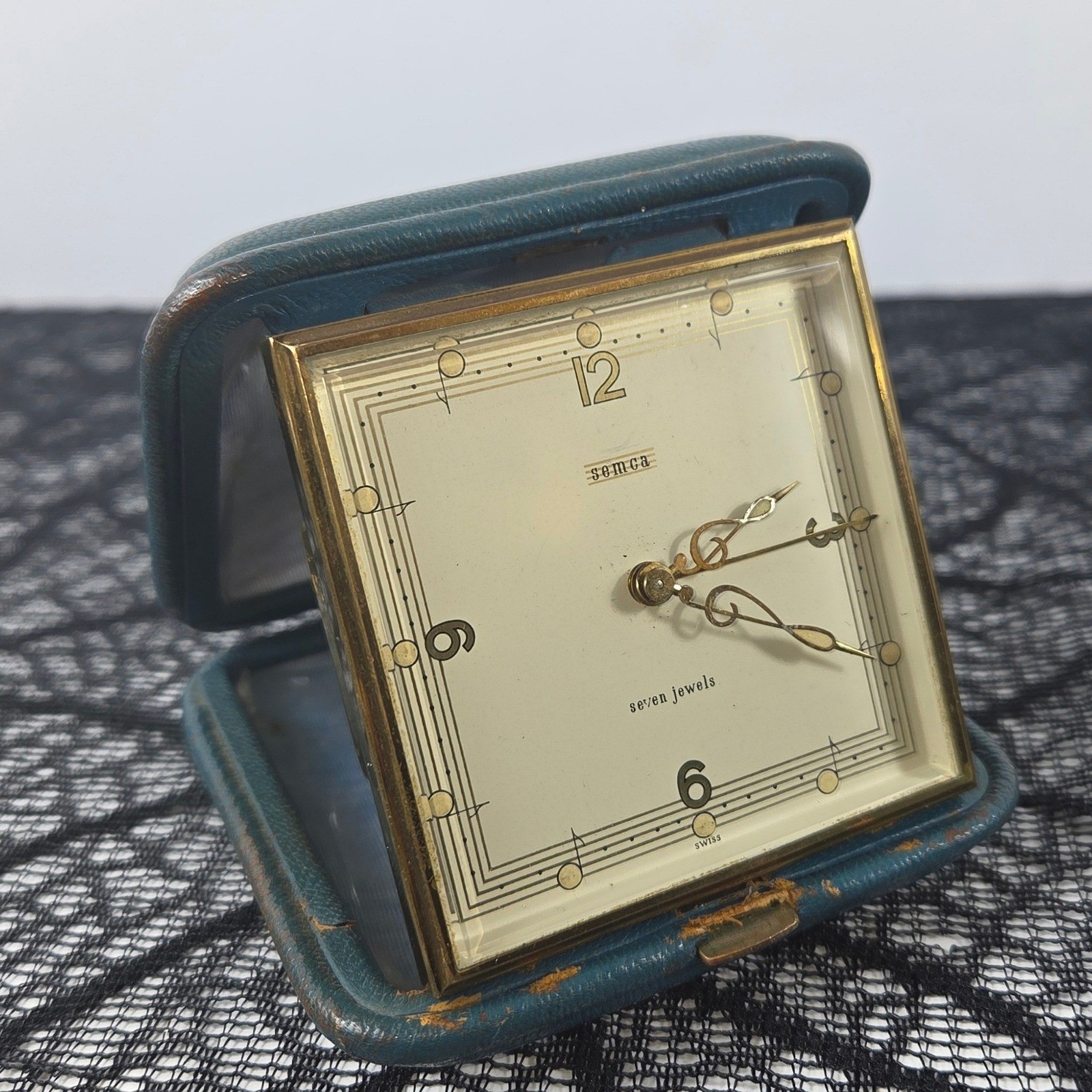 Vintage Semca 7 Jewels Swiss Travel Alarm Clock Teal Blue Folding Case Case Wear Vintage Semca 7 Jewels Swiss Travel Alarm Clock Teal Blue Folding Case Case Wear