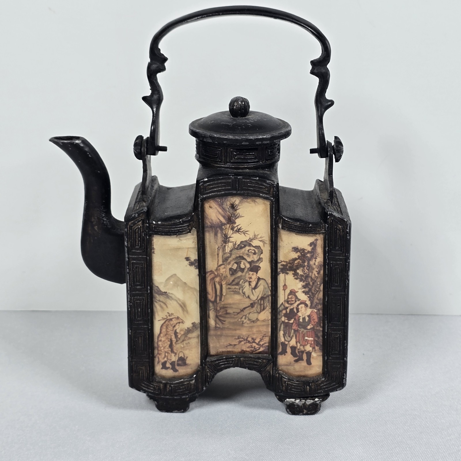 Antique Chinese Metal Decorative Teapot With Six Reverse Painted Glass Panels 