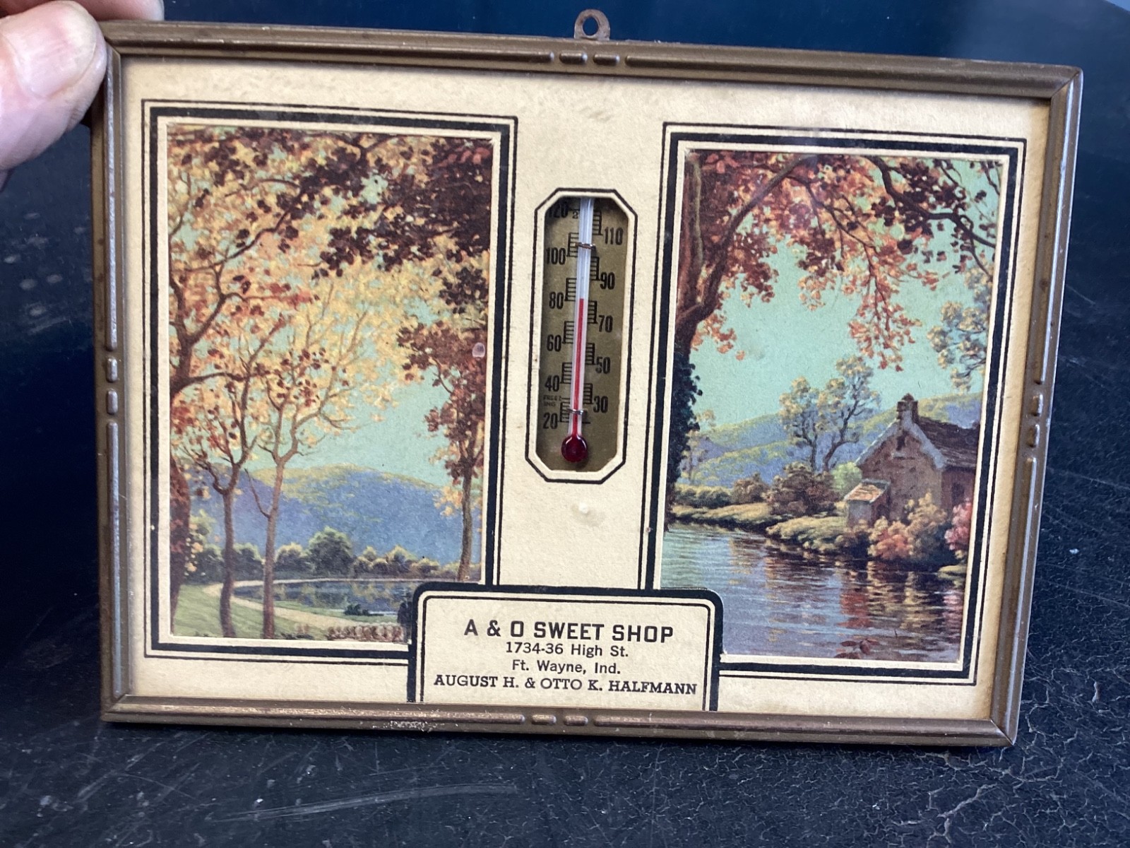 VINTAGE A&O SWEET SHOP FORT WAYNE IND. FRAMED PICTURE ADVERTISING THERMOMETER