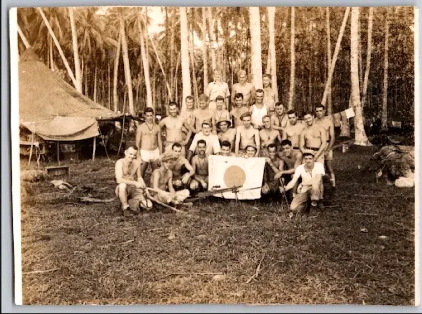 WWII Pacific US Servicemen Japanese Flag Machine Gun Original Photo
