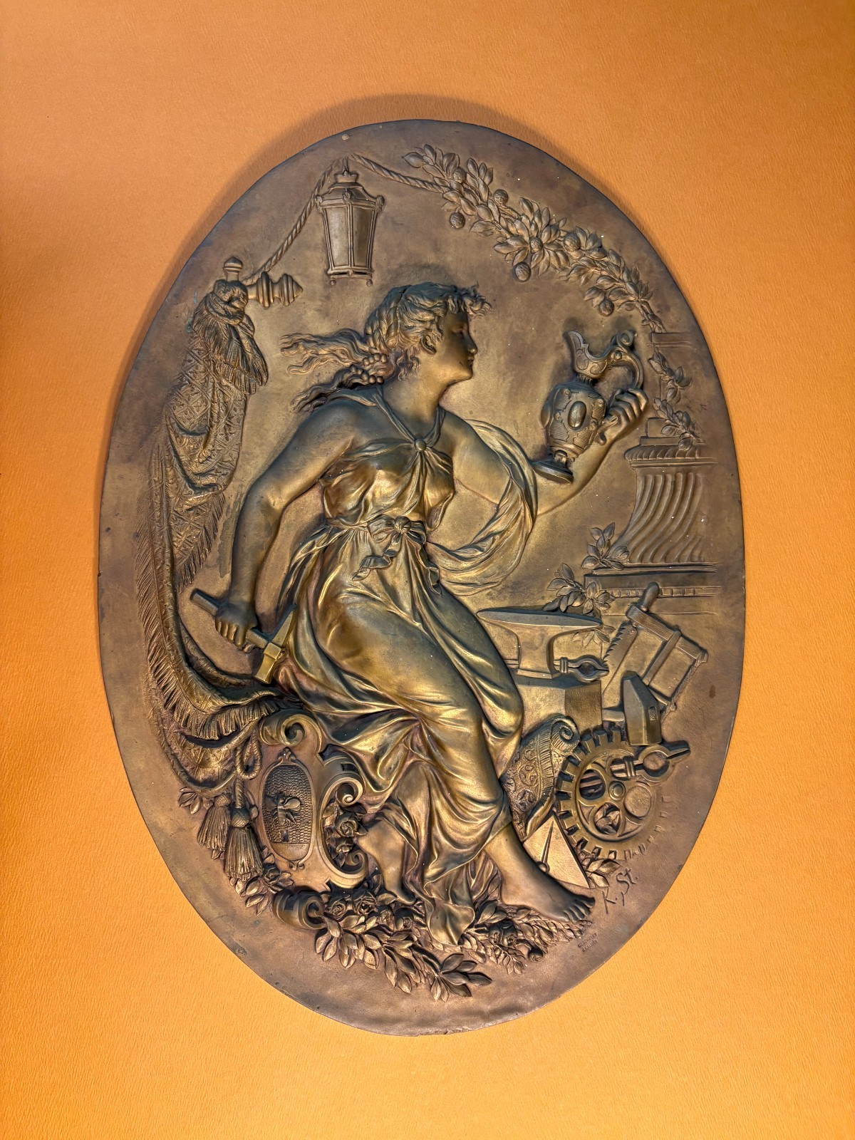 Antique 1892 Karl Sterrer Signed Gilt Bronze Classical Woman Repousse Plaque