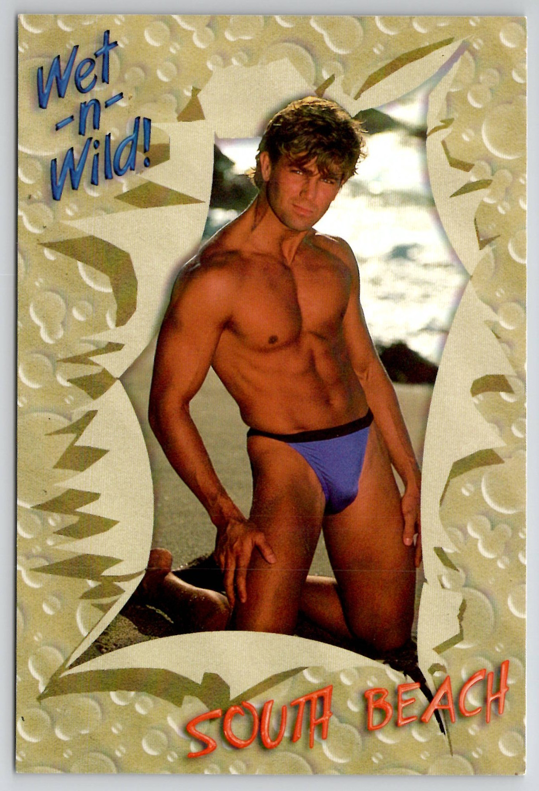 Wet n Wild Sexy Guy Man in in Speedo Hunk Kneeling on Beach Postcard M39 Wet n Wild Sexy Guy Man in in Speedo Hunk Kneeling on Beach Postcard M39