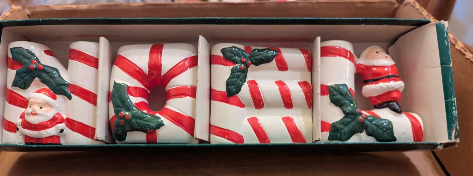 Vintage NOEL Christma Ceramic  GiftCo Candle Holder Set 1985 Taiwan Original Box