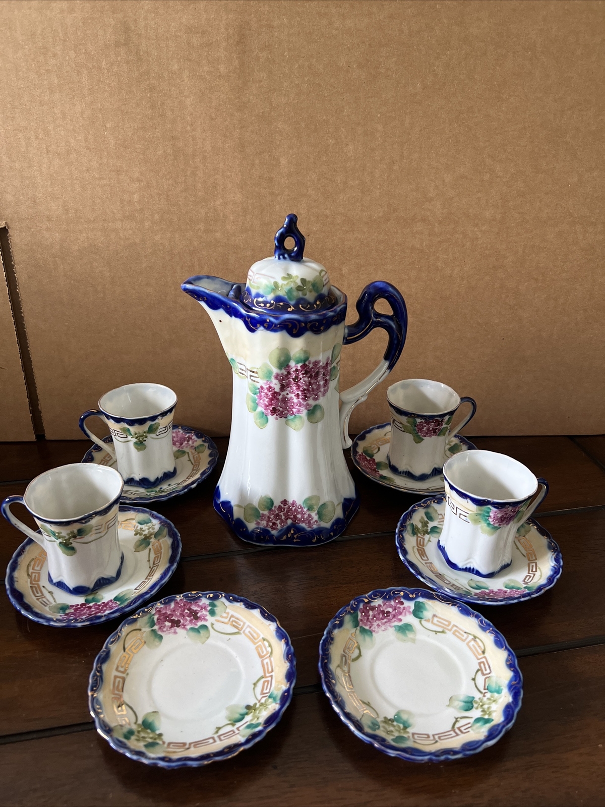 Cherry Blossom W/Cobalt Blue Chocolate Pot Pitcher W/Cups&Saucers-Nippon ANTQ Cherry Blossom W/Cobalt Blue Chocolate Pot Pitcher W/Cups&Saucers-Nippon ANTQ
