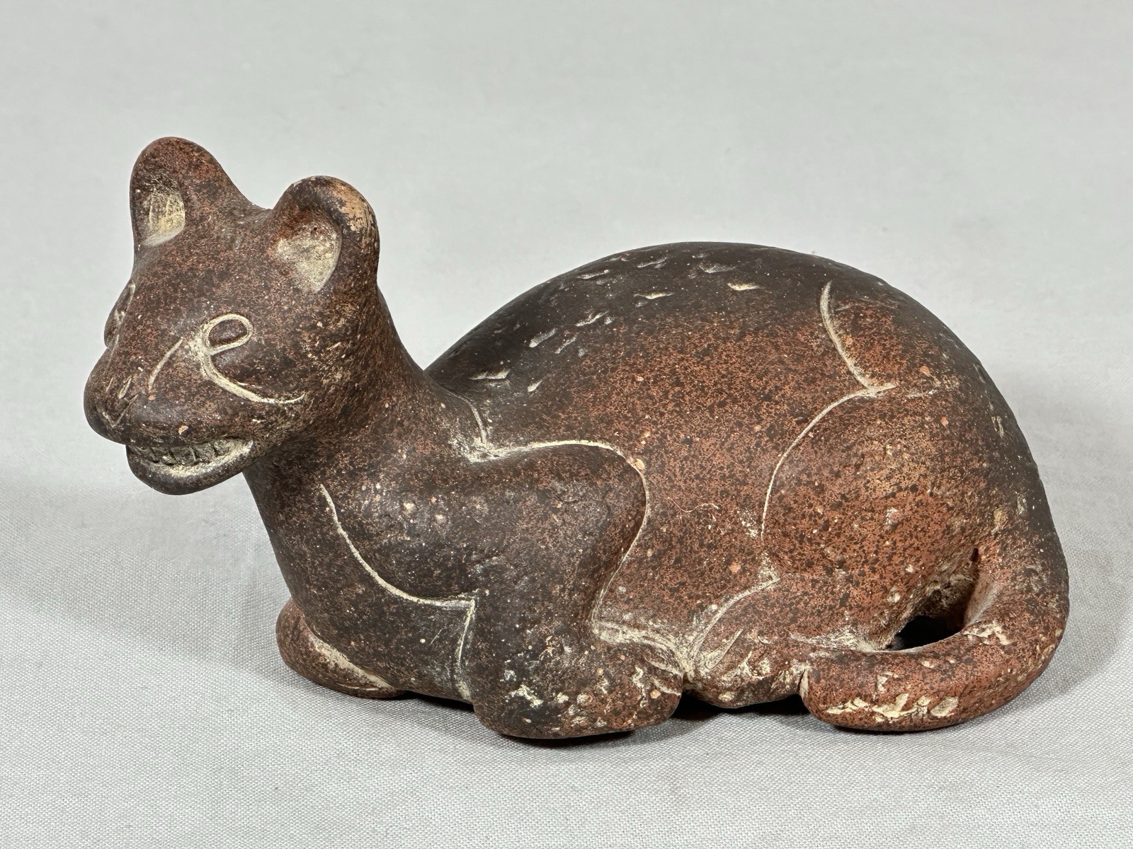 Colima Style Reclining Cat Pottery Figure Mexican Folk Art Ceramic Sculpture 5”