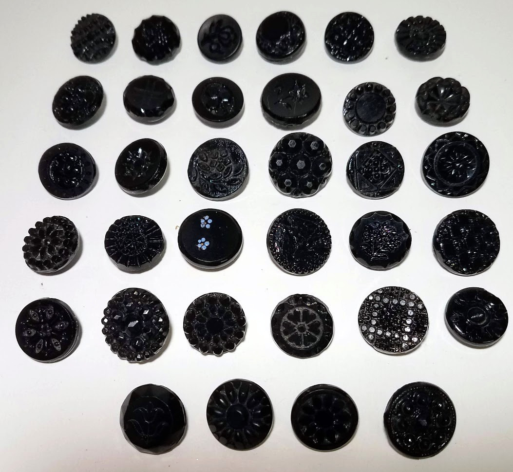 Collection Antique & Vintage Black Glass Victorian Ornate Flower Buttons Lot 34