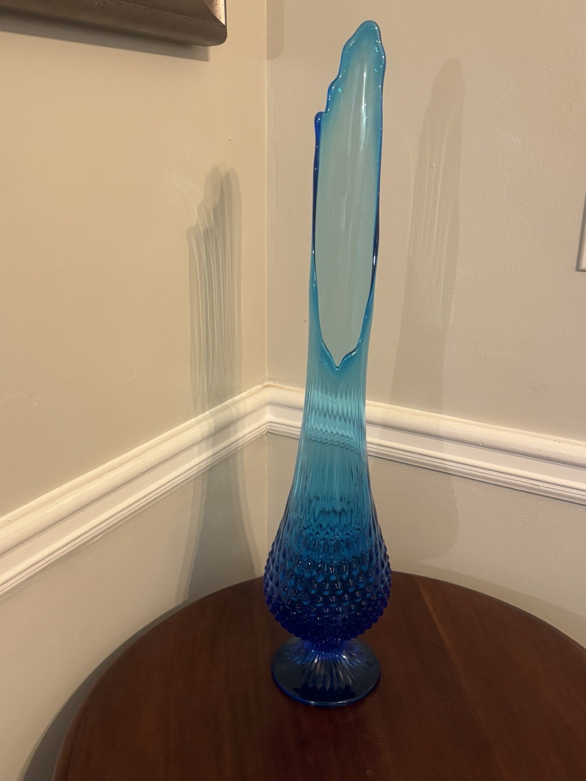 Mid-Century Tall Pedestal Fenton Colonial Blue Hobnail Swung Glass Vase Mid-Century Tall Pedestal Fenton Colonial Blue Hobnail Swung Glass Vase