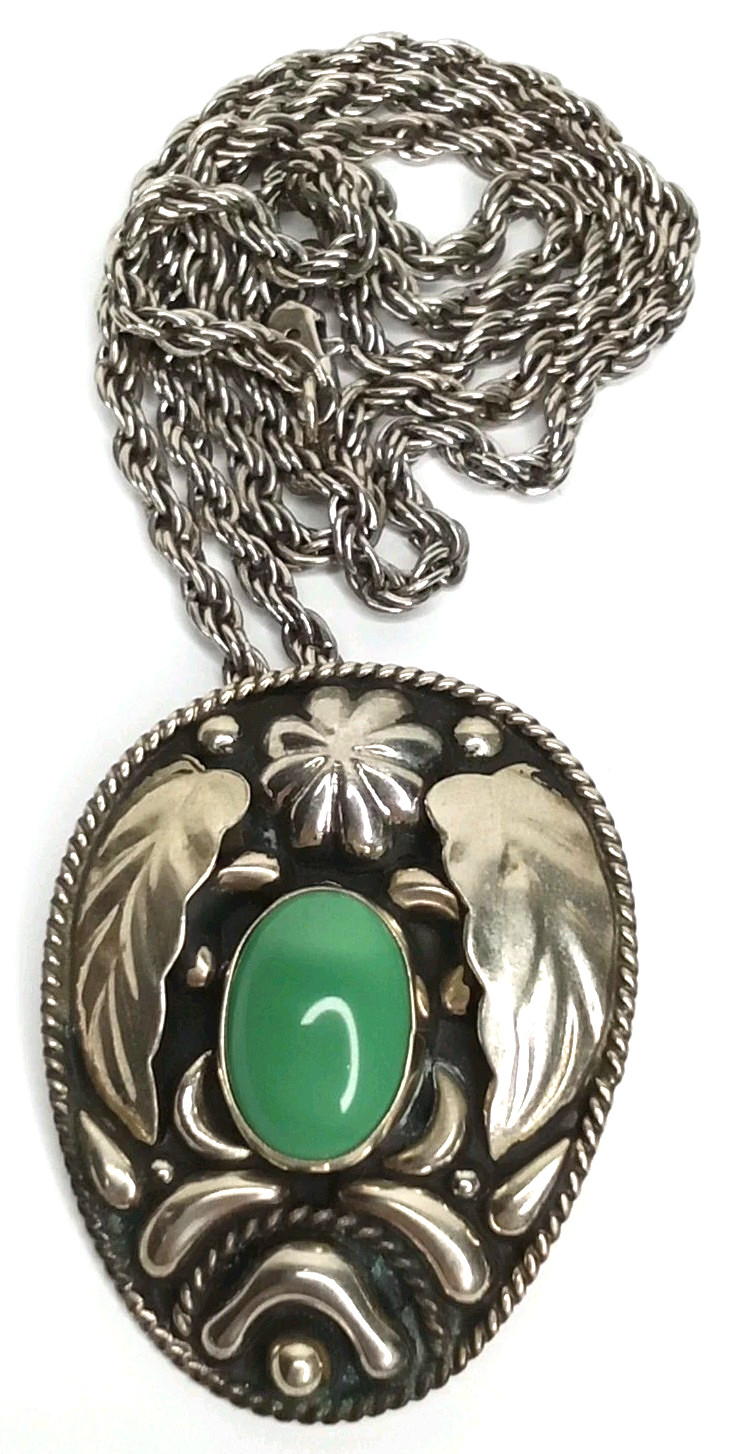 VTG 1960s JG Sterling Silver Malachite Pendant Necklace Made In Mexico Signed