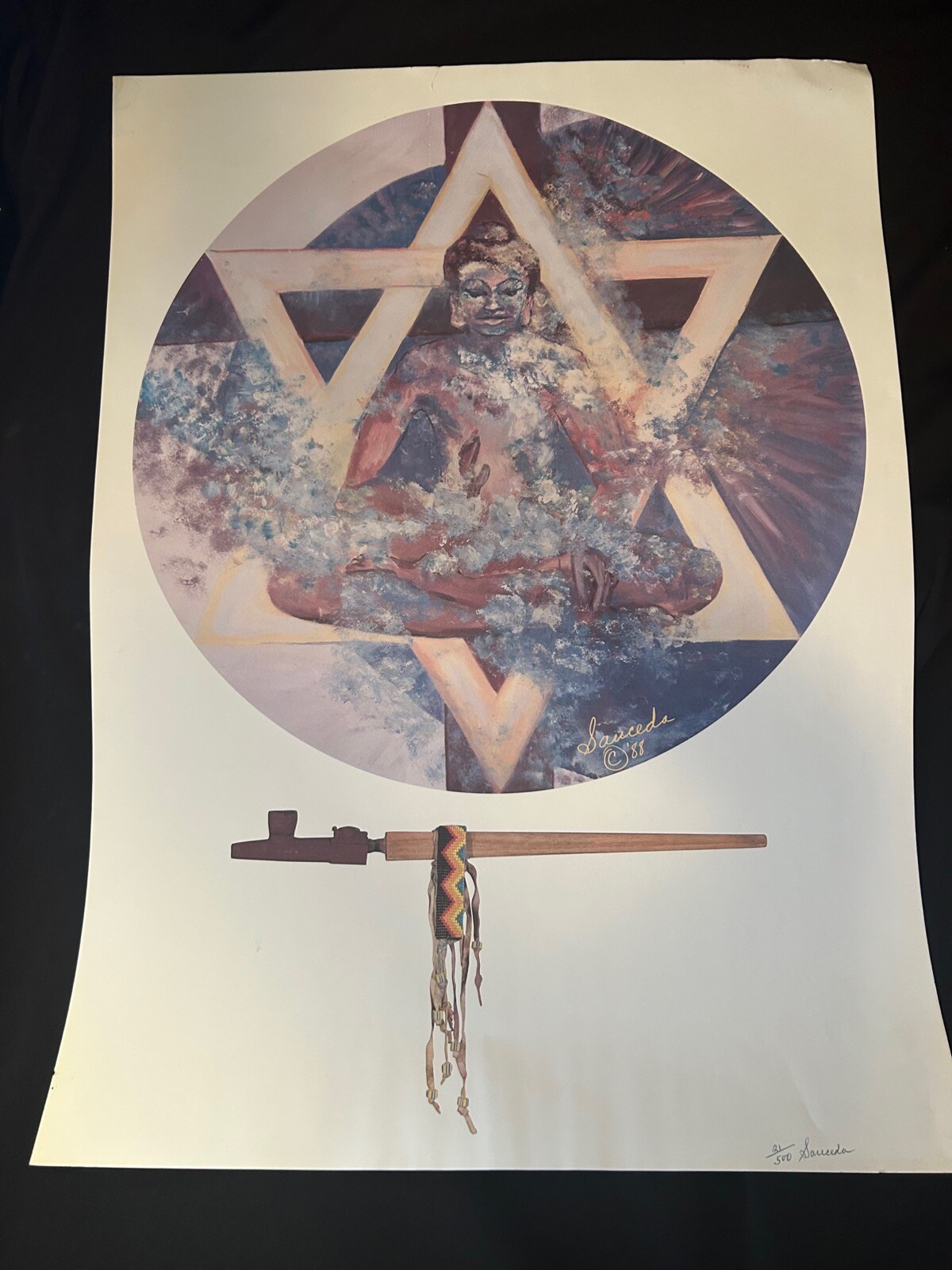 Vtg Mario ? Sauceda 1988 Poster Print Buddha Star of David Native American Pipe