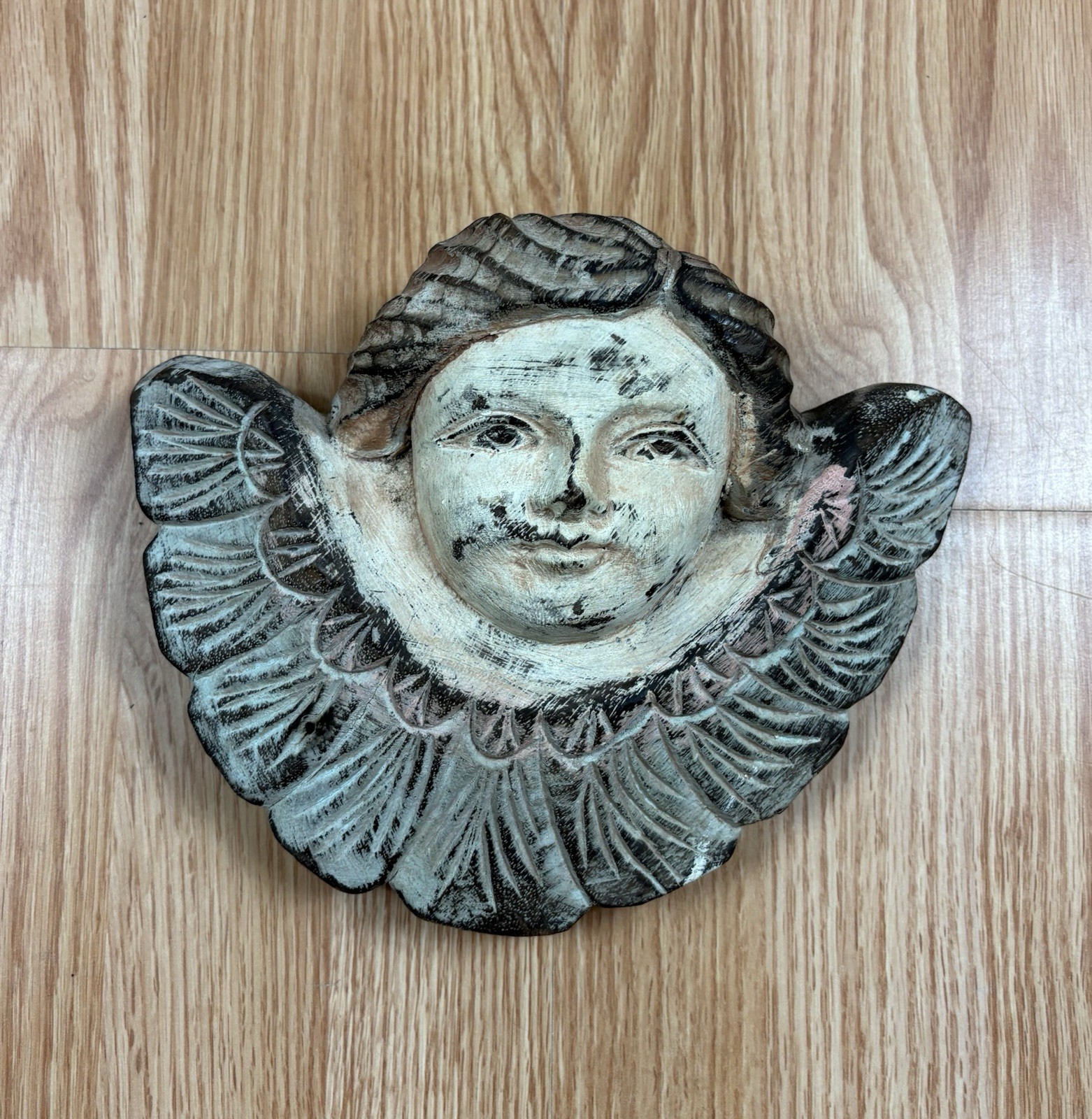 Vtg Folk Art Hand Carved Highly Detailed Wood Angel Putti Wall Plaque