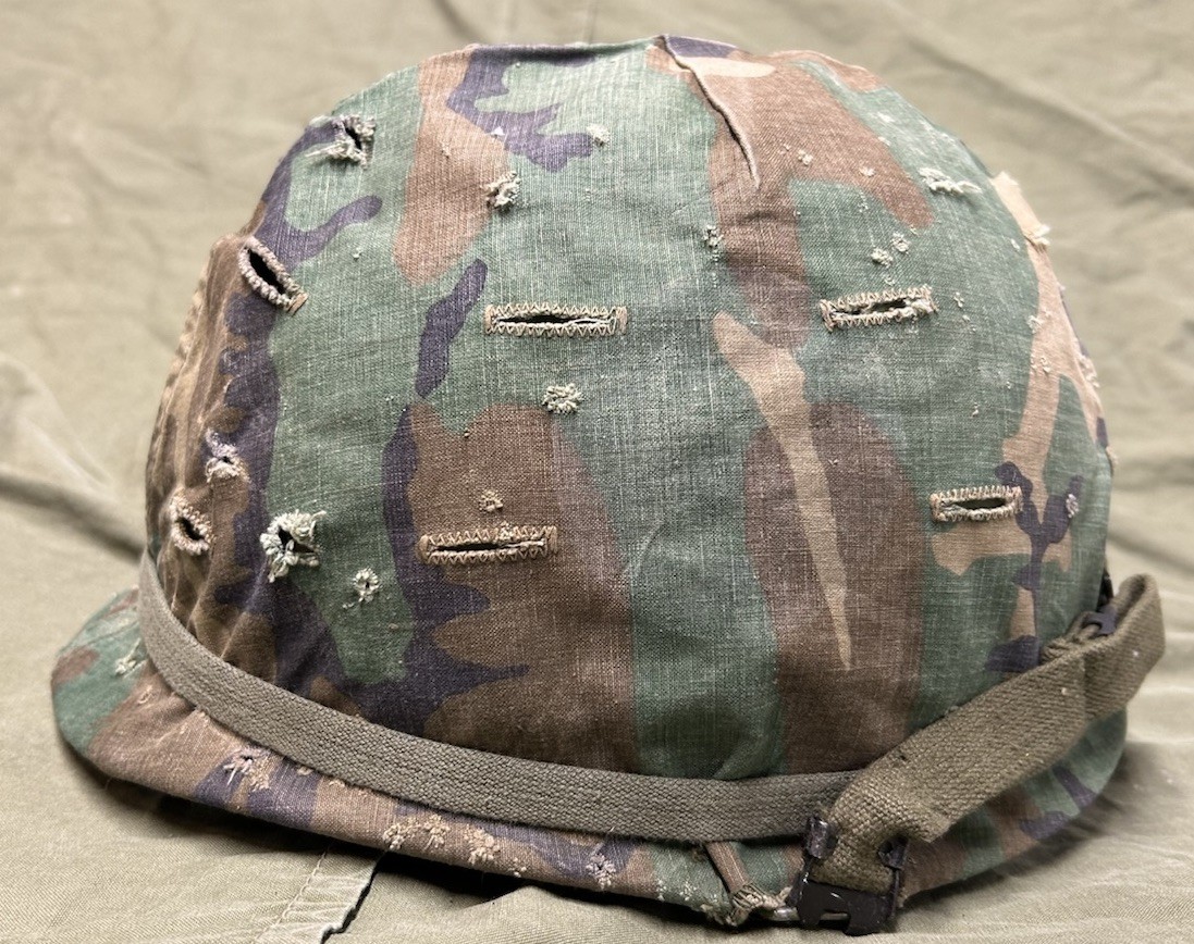 Late Vietnam War US GI ERDL CAMO COVER on M1 Steel Helmet, Liner & Elastic Band
