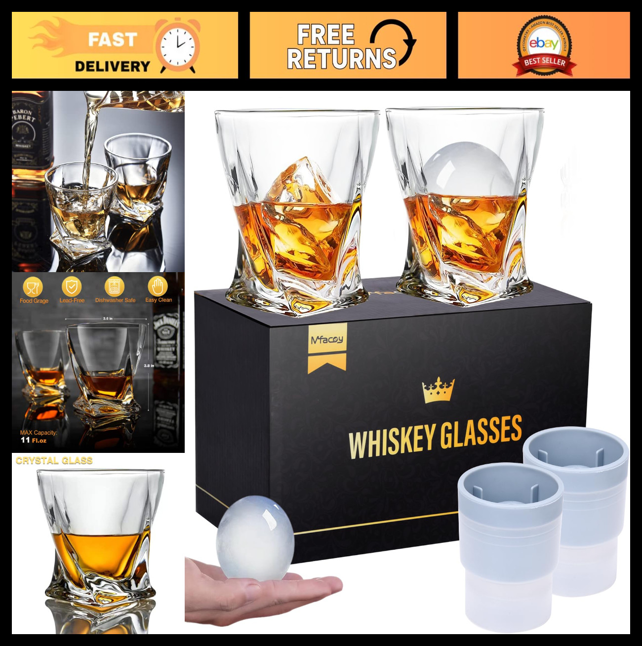 Mfacoy Old Fashioned Whiskey Glasses Set of 4 (2 Crystal Bourbon Glasses, 2 Roun