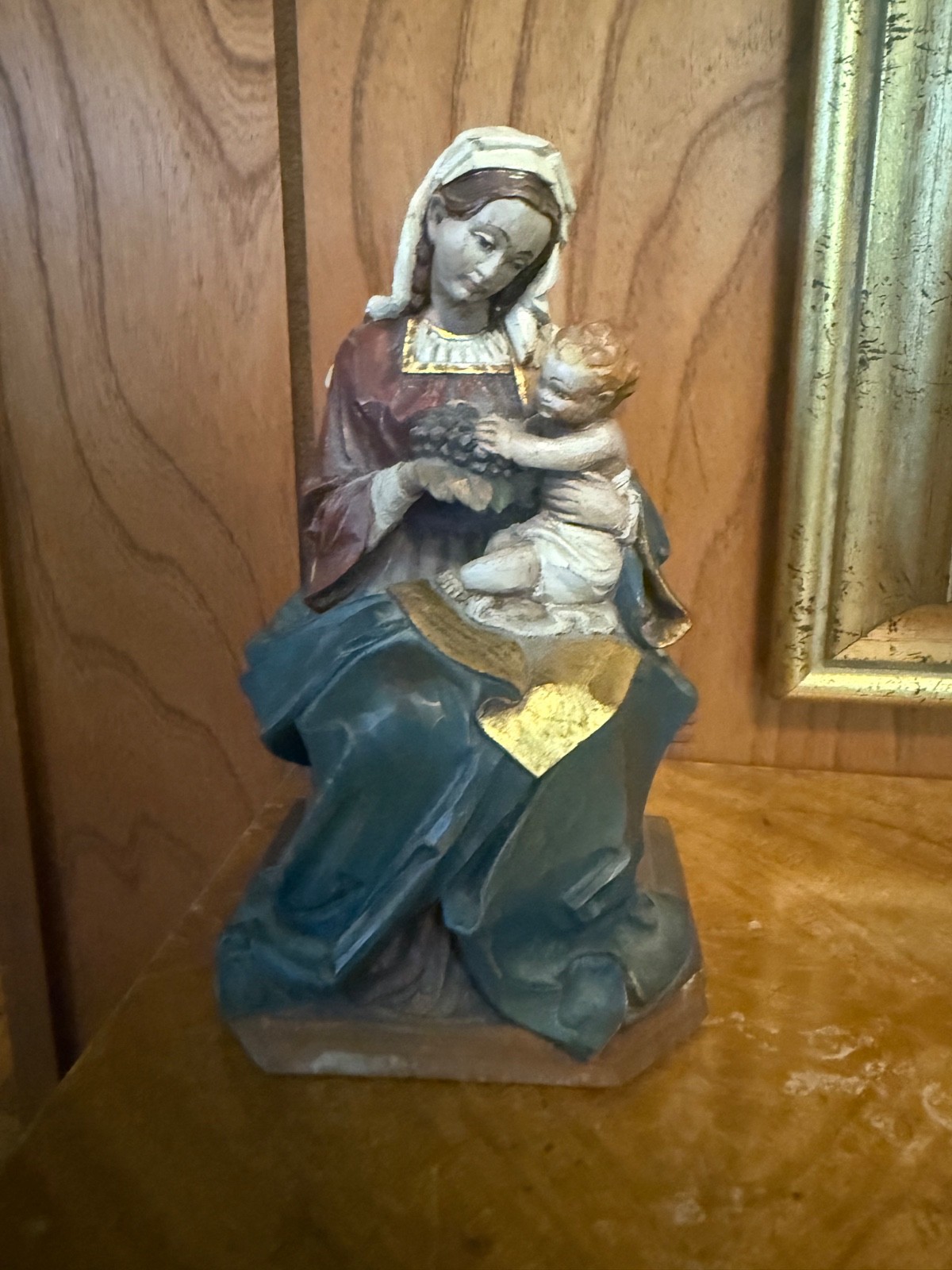 Rare Vintage M.K.Kaslatter ANRI Carved Madonna & Child Of The Grapes Figurine,5