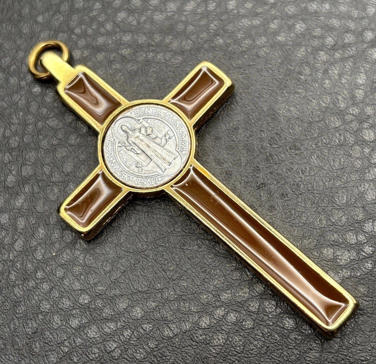 VTG HUGE Saint Benedict Medallion Crucifix Cross Pendant Gold Tone Brown Enamel VTG HUGE Saint Benedict Medallion Crucifix Cross Pendant Gold Tone Brown Enamel