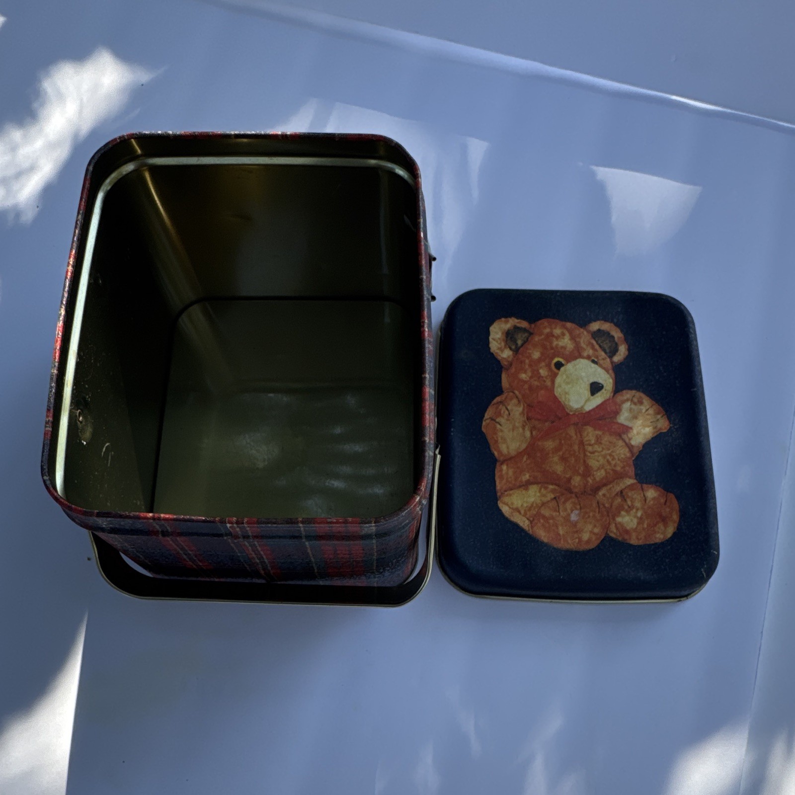 Vintage Henco Hinged Plaid Teddy Bear Basket Tin Vintage Henco Hinged Plaid Teddy Bear Basket Tin