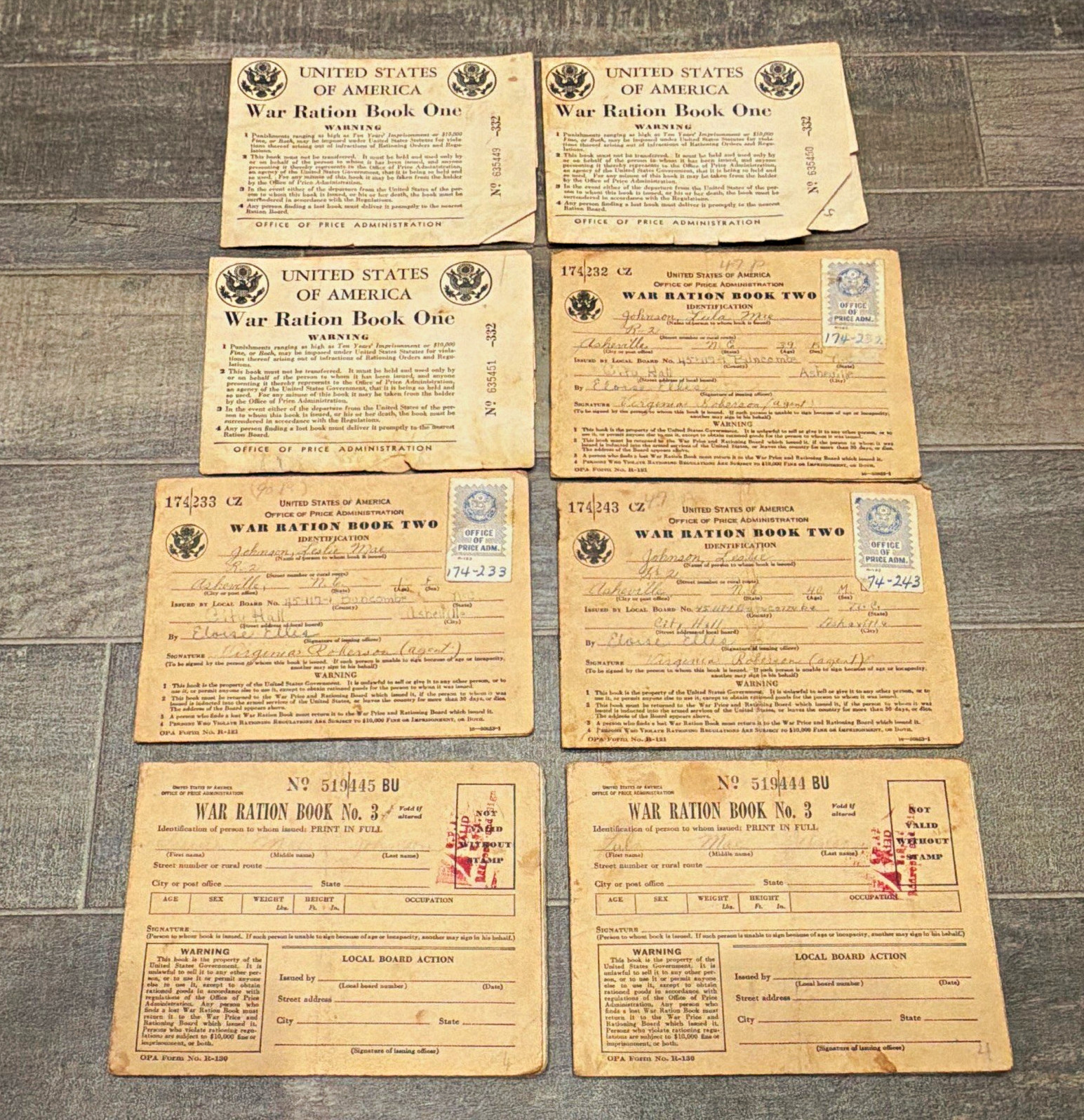 WWII 1942-43 War Ration Books 1 2 3 Lot w/ Unused Stamps Asheville NC Family