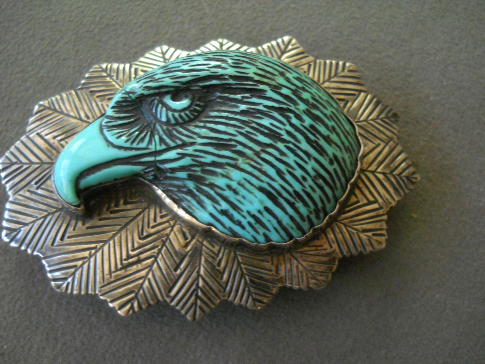 Native American Navajo Eagle Head Carved Turquoise Sterling Silver Belt Buckle M