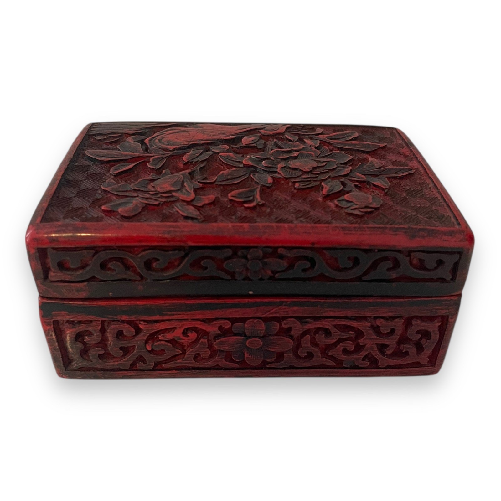 Vintage Red Cinnabar Style Carved Lacquer Trinket Jewelry Box Peony Flower Vintage Red Cinnabar Style Carved Lacquer Trinket Jewelry Box Peony Flower
