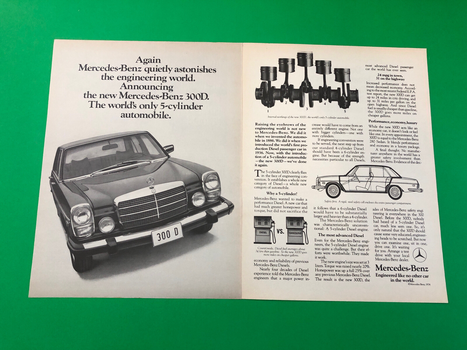 1974 MERCEDES BENZ 300D 300 D VINTAGE ORIGINAL PRINT AD ADVERTISEMENT 2 PAGE