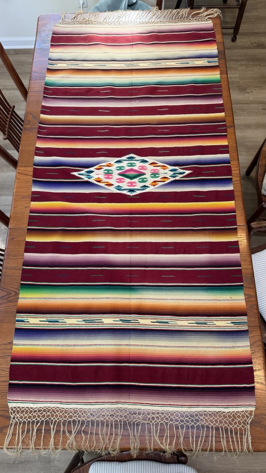 VTG 20s/50s Mexican Wool Saltillo Serape Blanket Rug Runner w/Fringe 33x70 Vivid