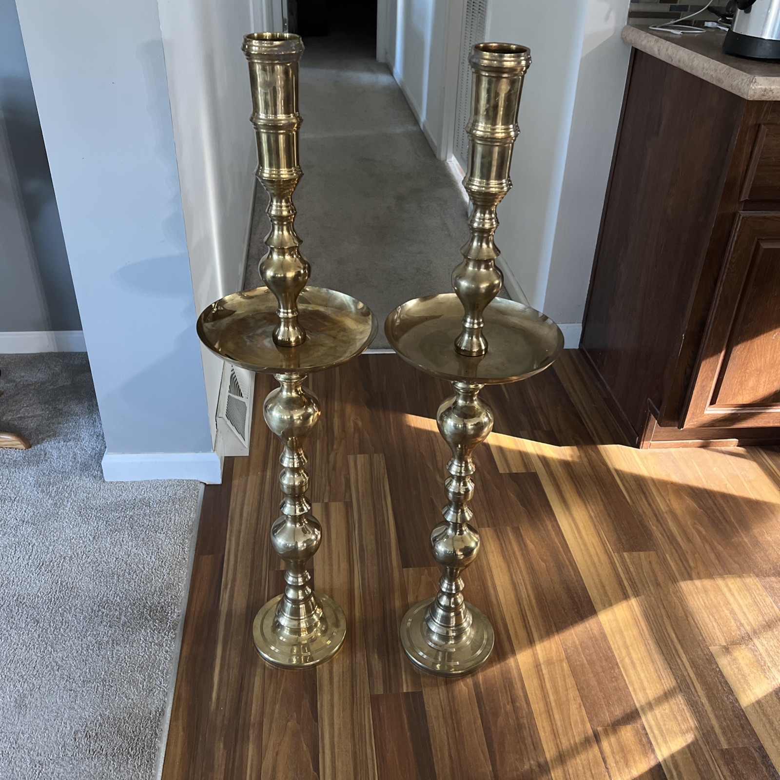 Pair Large Vintage Moroccan Brass Floor Pillar Candlesticks 41”