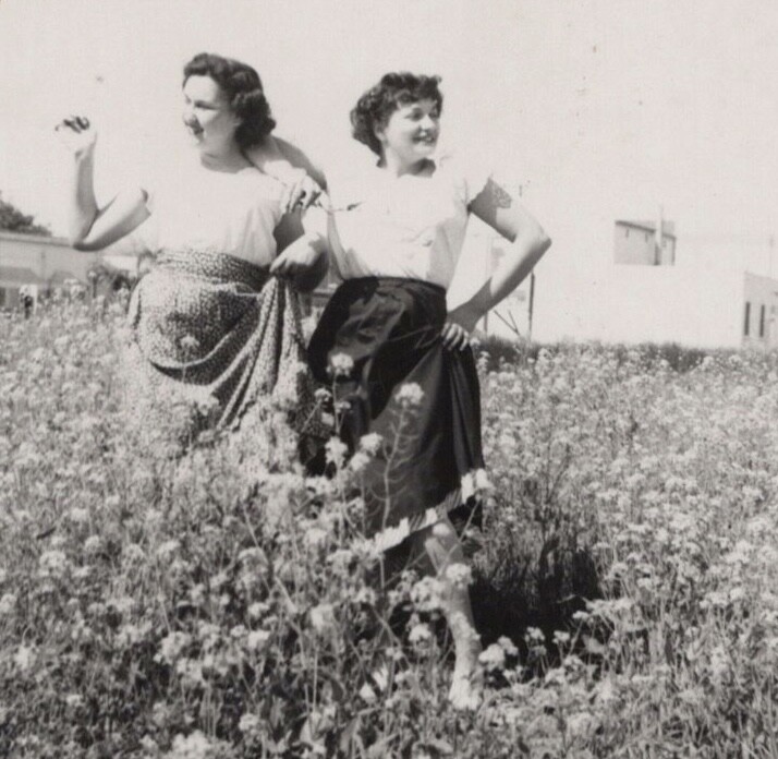 1950s Women Standing Wildflower Field Hands On Hips Playful Pose Blouses Skirts