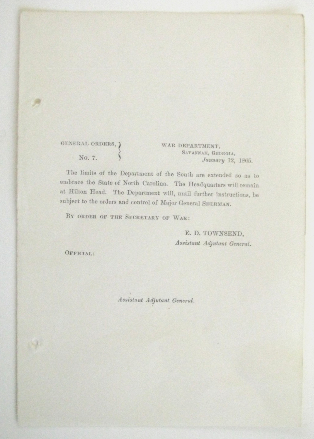 CIVIL WAR SAVANNAH GEORGIA SHERMANS ARMY HQ ESTABLISHED 1865 ORDER