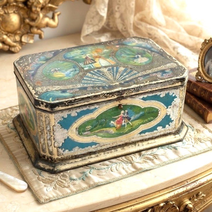 Vintage Artstyle Chocolates Tin Lithograph Box Fragonard Style Teal Gold 9.5in