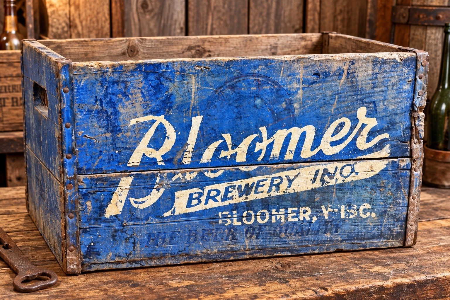 VINTAGE RARE BLOOMER BREWERY BLOOMER WISCONSIN WOODEN BEER CRATE PBR Blue Paint