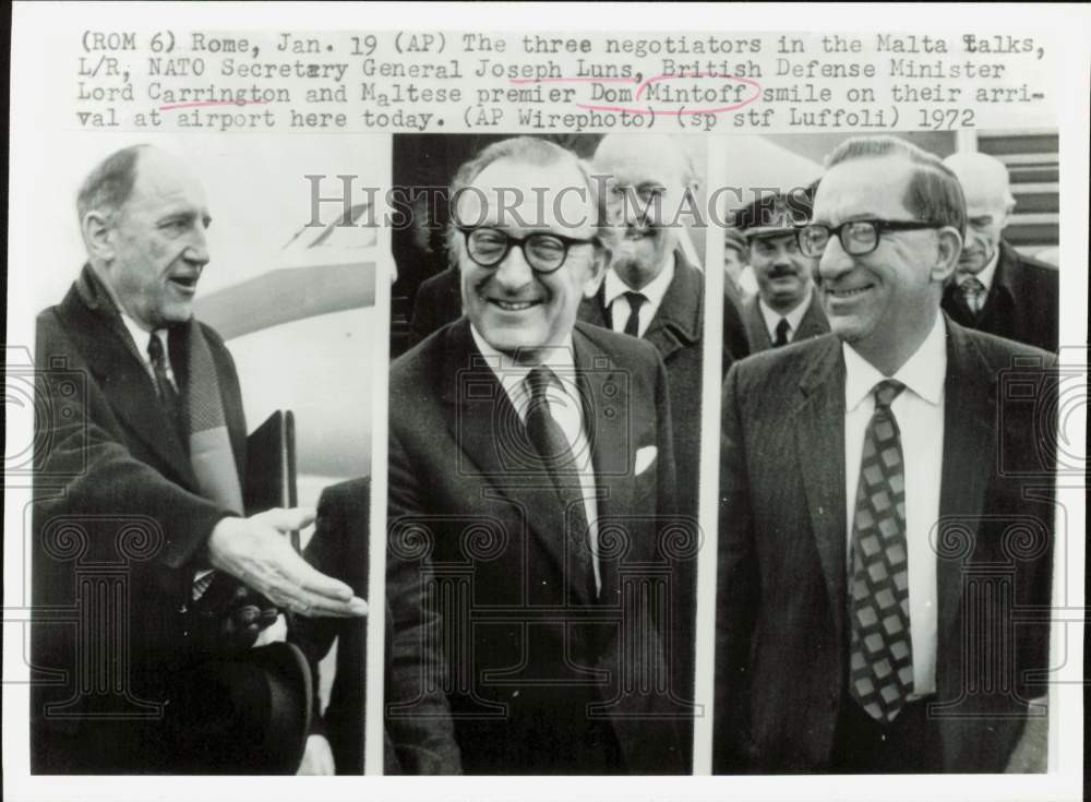 1972 Press Photo Gen. Joseph Luns, Lord Carrington & Dom Mintoff in Rome, Italy 1972 Press Photo Gen. Joseph Luns, Lord Carrington & Dom Mintoff in Rome, Italy