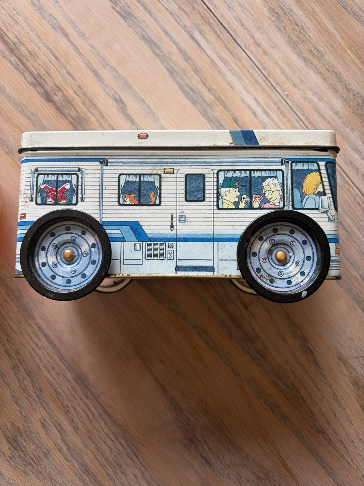 Bus Shaped Tin Box Decorative Storage White Blue Cartoon Travel Camping Theme
