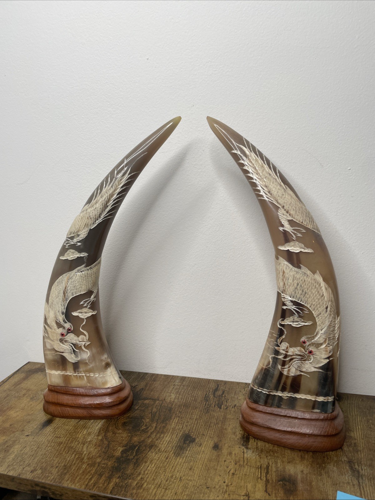 Vintage Carved Horn Dragon Sculptures Pair Asian Folk Art 13” Tall
