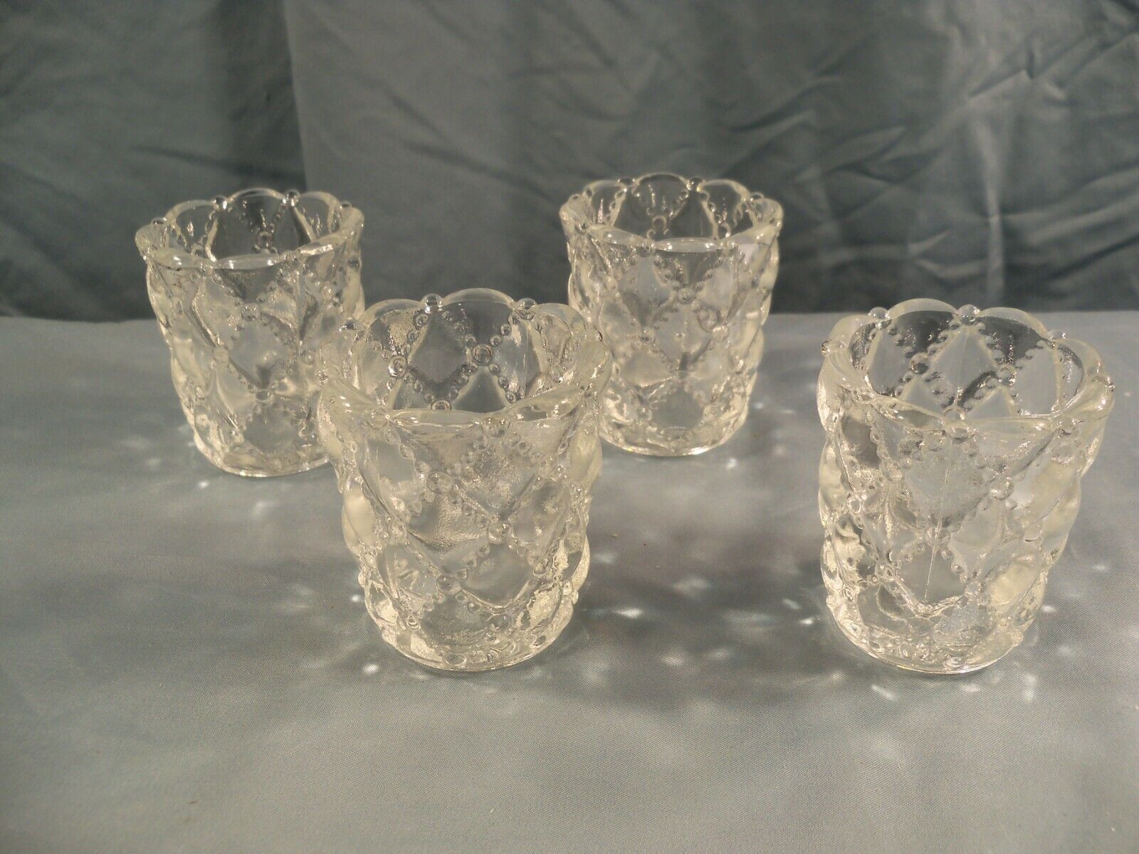 Lot of 4 Clear Glass Diamond Quilt Votive Candle Holders