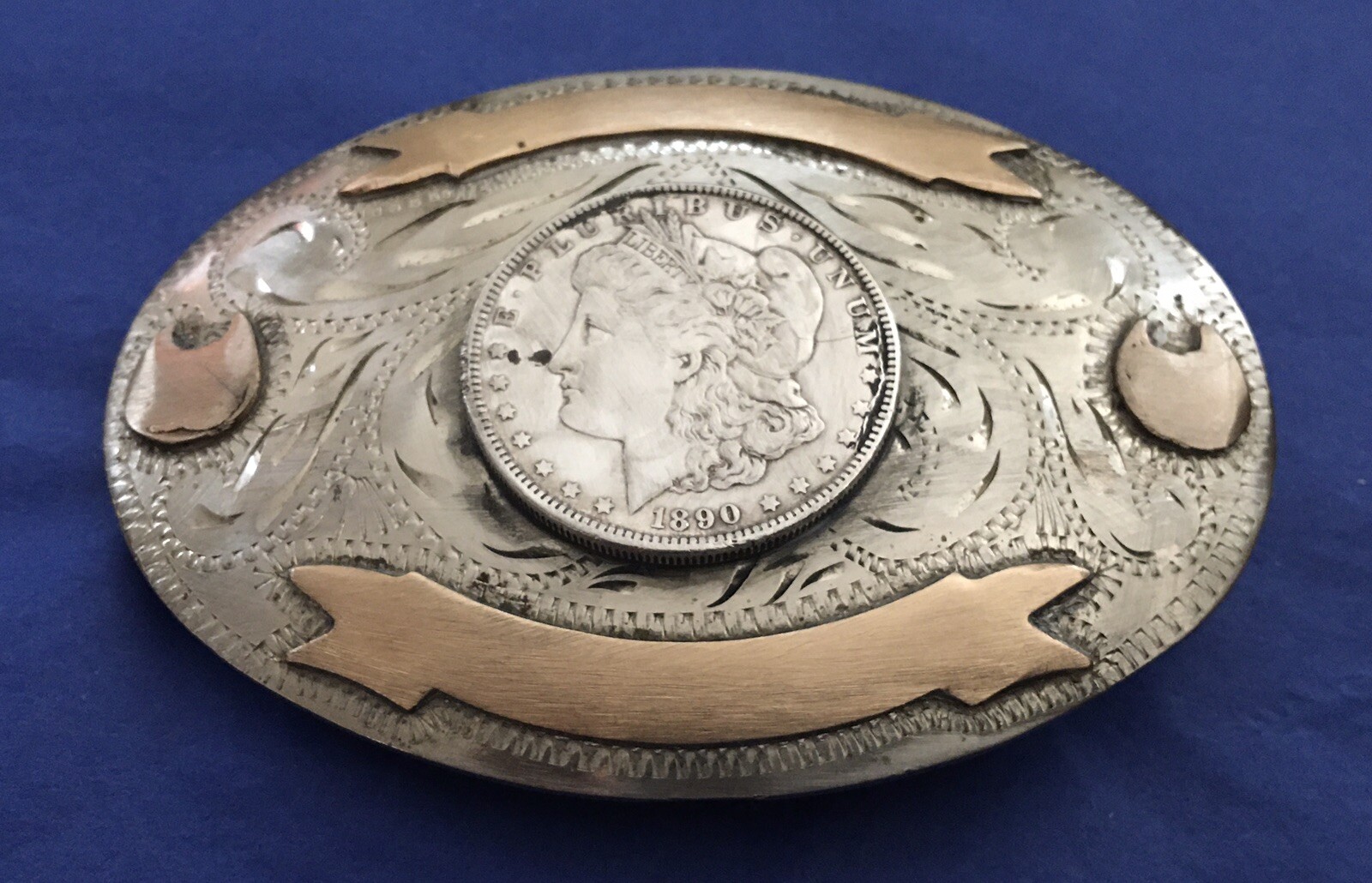 Vintage Handcrafted Western Flair 1890 Morgan Dollar 2 Banner Trophy Belt Buckle Vintage Handcrafted Western Flair 1890 Morgan Dollar 2 Banner Trophy Belt Buckle