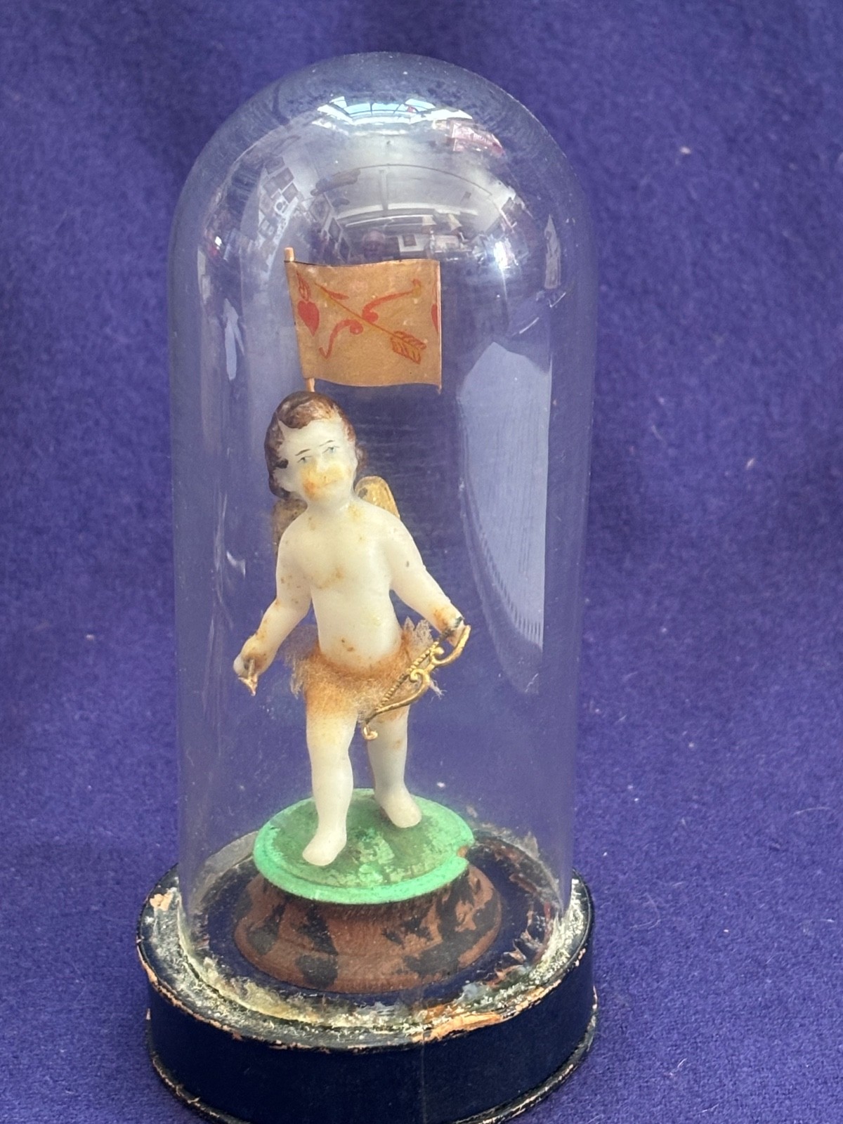 ANTIQUE GERMAN WAX VALENTINE CUPID VICTORIAN ANGEL UNDER GLASS DOME DIARAMA 1880