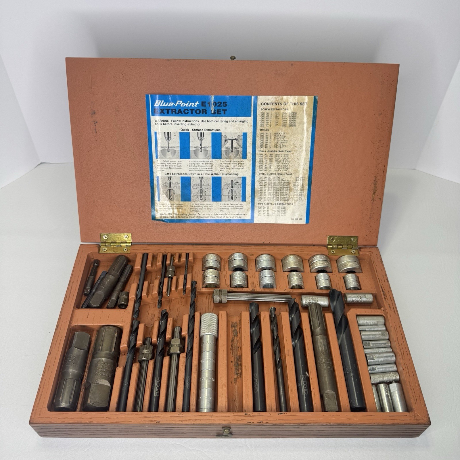 Blue Point Ridgid Tools USA 50+pc's Screw Extractor Set Wood Case Vintage E1025