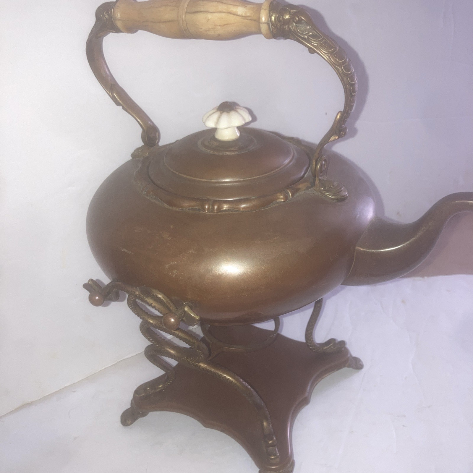 Antique Copper Tilting Spirit Kettle on Ornate Warming Stand w Serpent Supports Antique Copper Tilting Spirit Kettle on Ornate Warming Stand w Serpent Supports