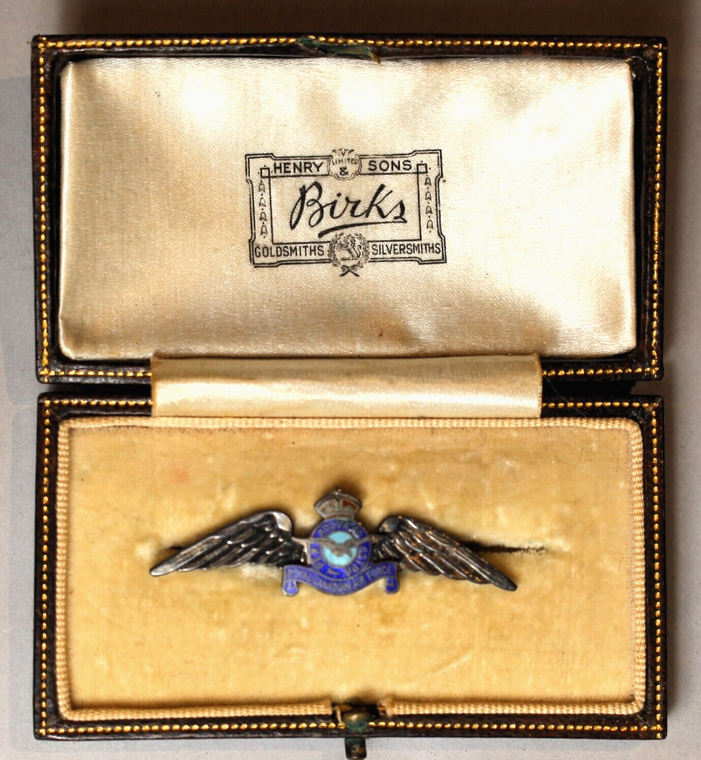 Boxed WWII Birks Enamel /Sterling Canadian Royal Air Force Sweetheat Pin c. 1944 Boxed WWII Birks Enamel /Sterling Canadian Royal Air Force Sweetheat Pin c. 1944