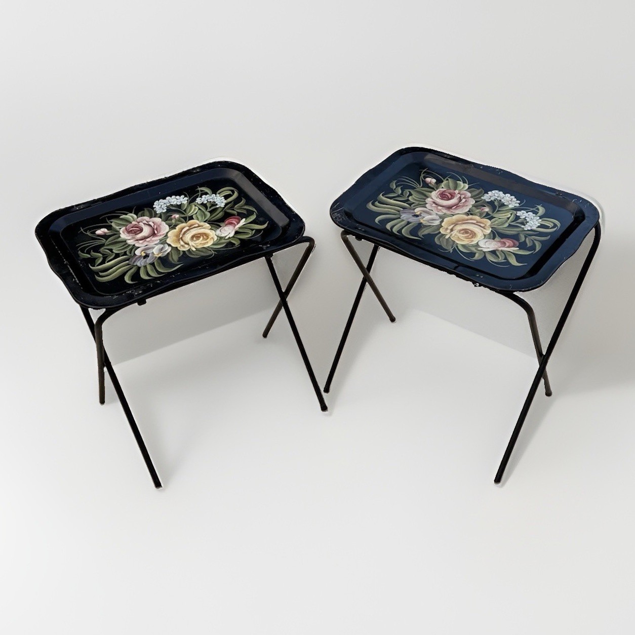 Vintage MCM Toleware Roses Bouquet Scalloped Metal Folding TV Tray Stand Set(2)
