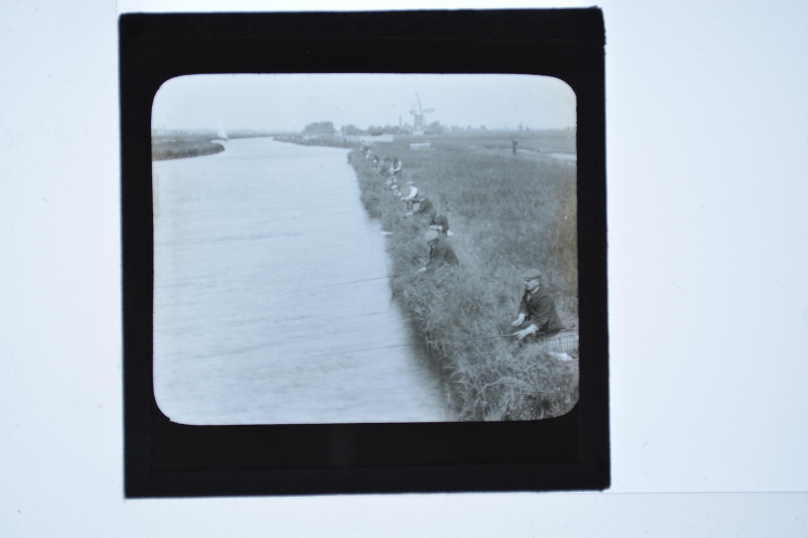 Men Fishing River Canal Bank Windmill Magic Lantern Slide c1900s