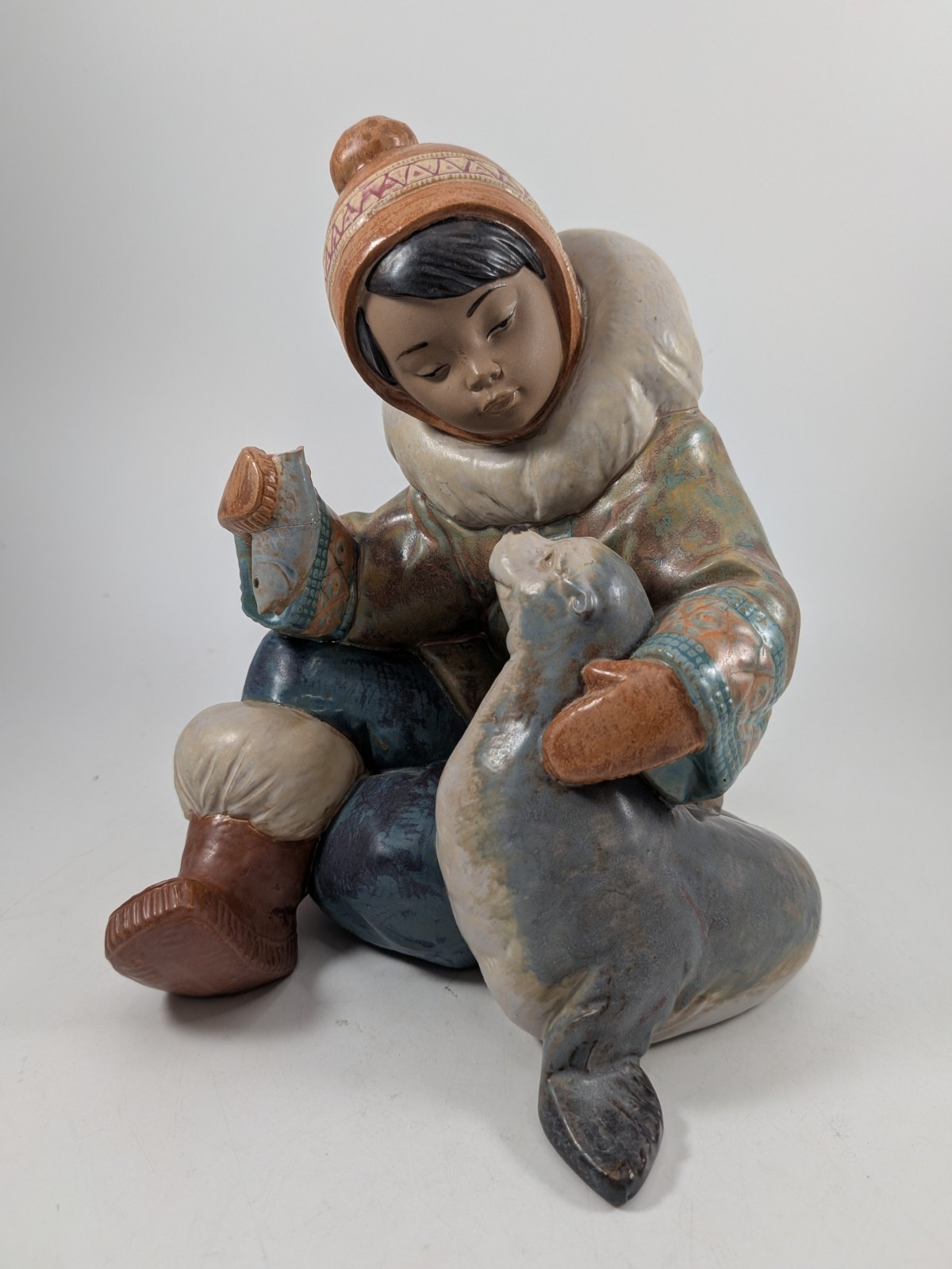 Large Lladro Eskimo Boy with Fish and Seal Figurine. Gres Finish #2361 Retired Large Lladro Eskimo Boy with Fish and Seal Figurine. Gres Finish #2361 Retired