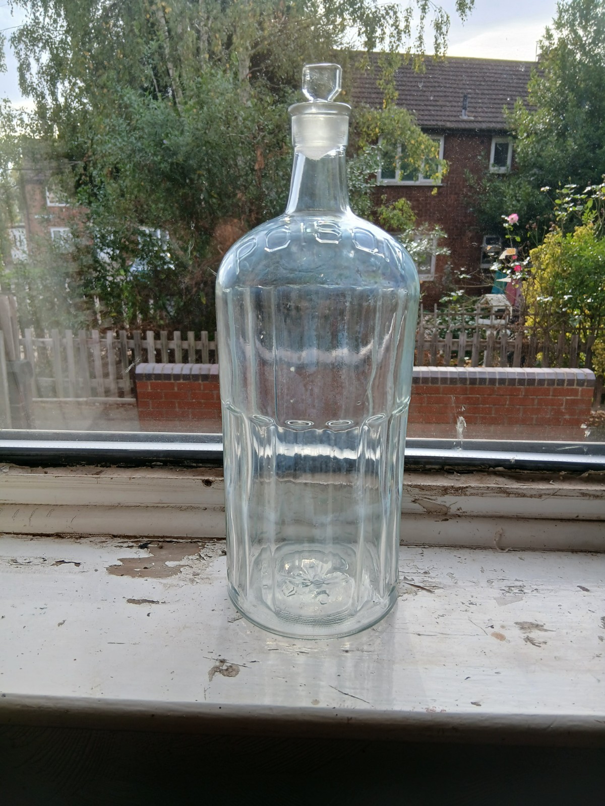 Large Antique 1920s 90oz Clear Glass Poison Bottle UGB Fluted Body with Stopper