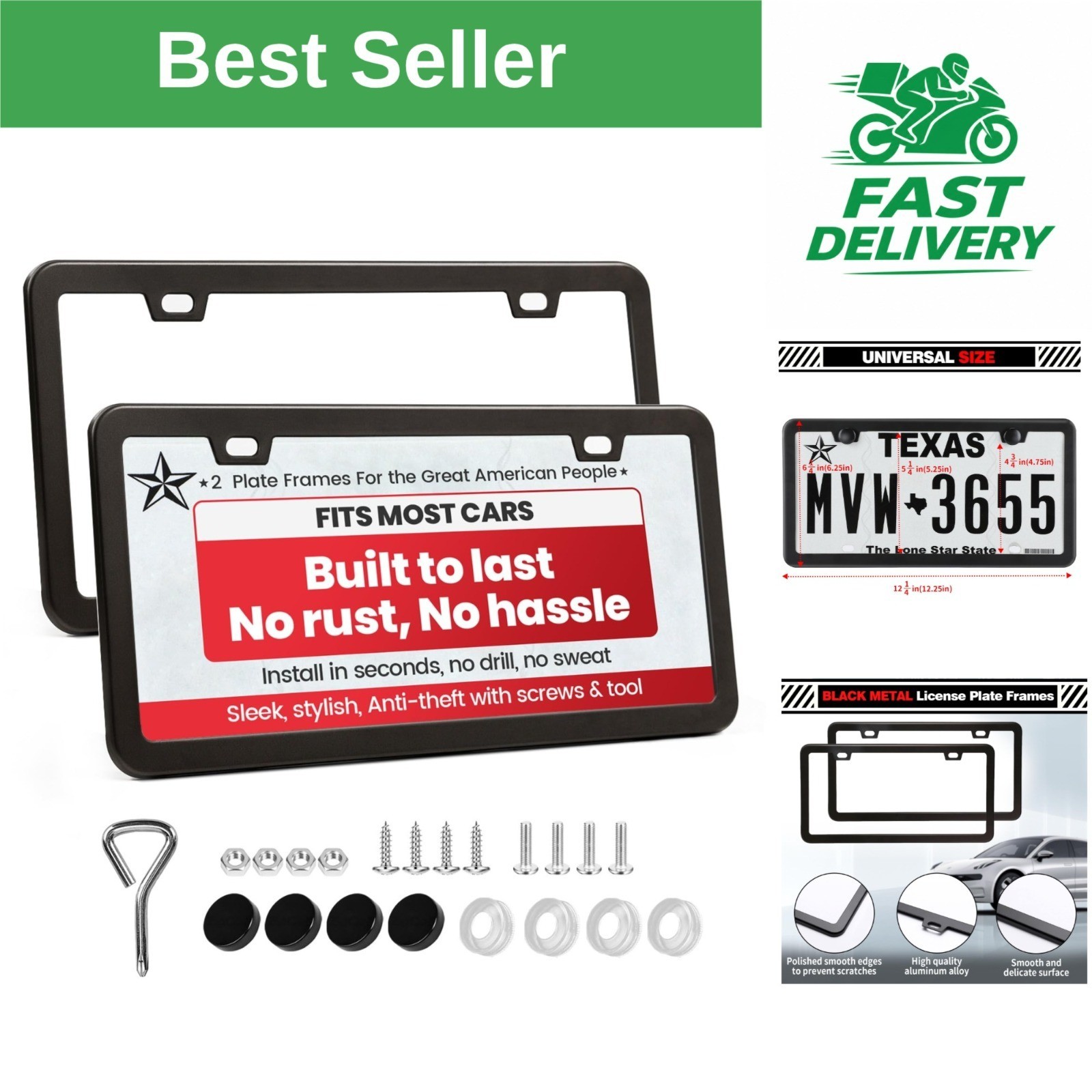 Premium Matte Black License Plate Frames - Rust-Proof Aluminum - 2 Pack Premium Matte Black License Plate Frames - Rust-Proof Aluminum - 2 Pack