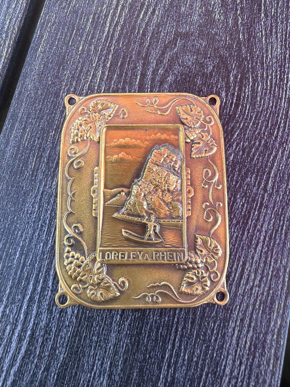 Vintage embossed metal souvenir plaque. Lorelei Rock - Rhine River. Germany Vintage embossed metal souvenir plaque. Lorelei Rock - Rhine River. Germany