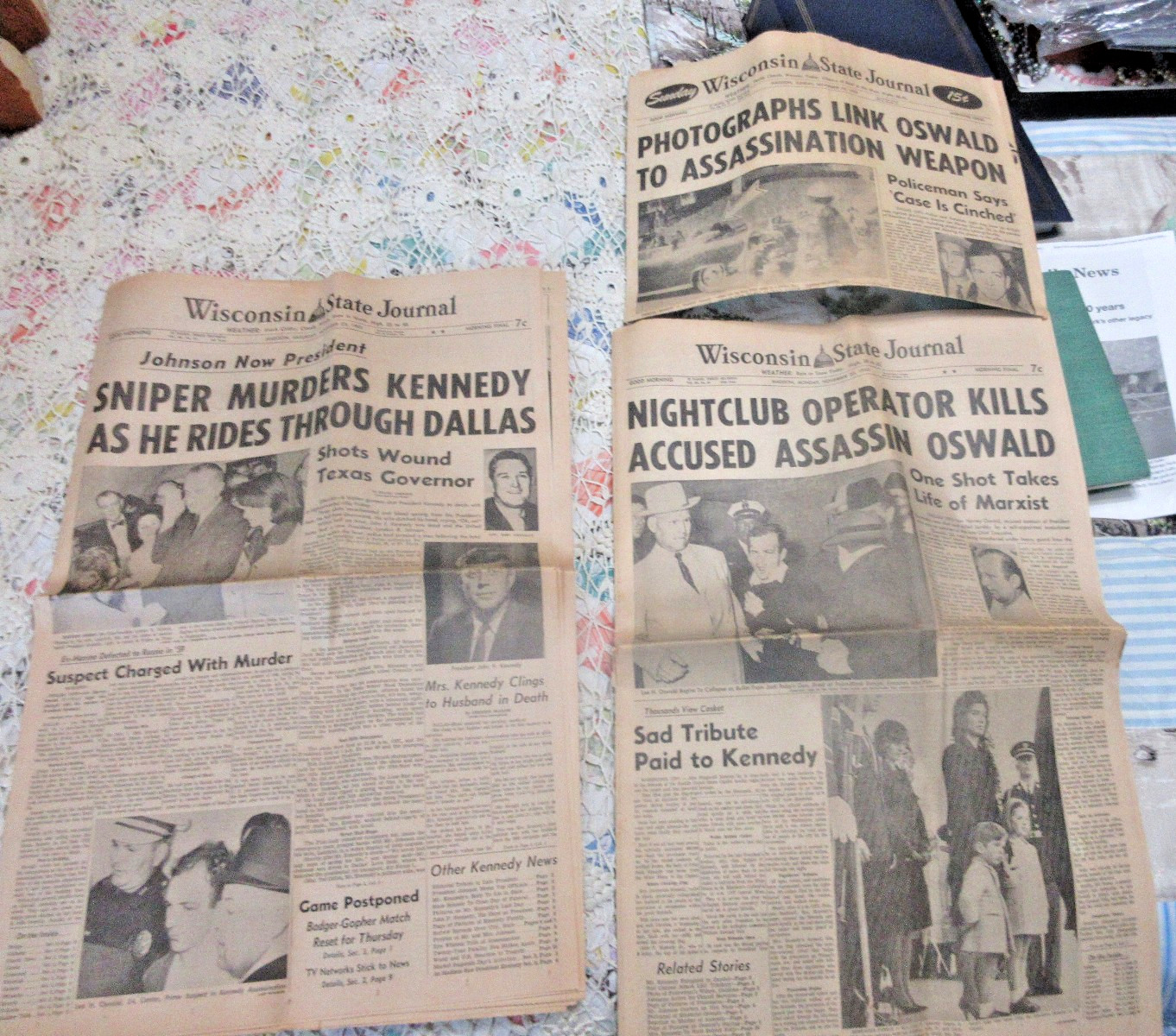 1963 JFK Assasinated Wisconsin State Journal  Newspapers Lot Of 3 11/23, 24, 25