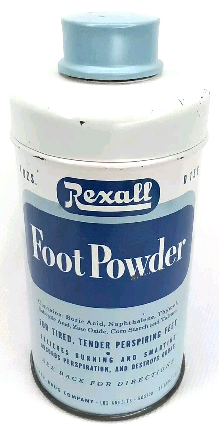 Vintage 1950s Rexall Foot Powder Advertising Tin United Drug Co St Louis MO Vintage 1950s Rexall Foot Powder Advertising Tin United Drug Co St Louis MO